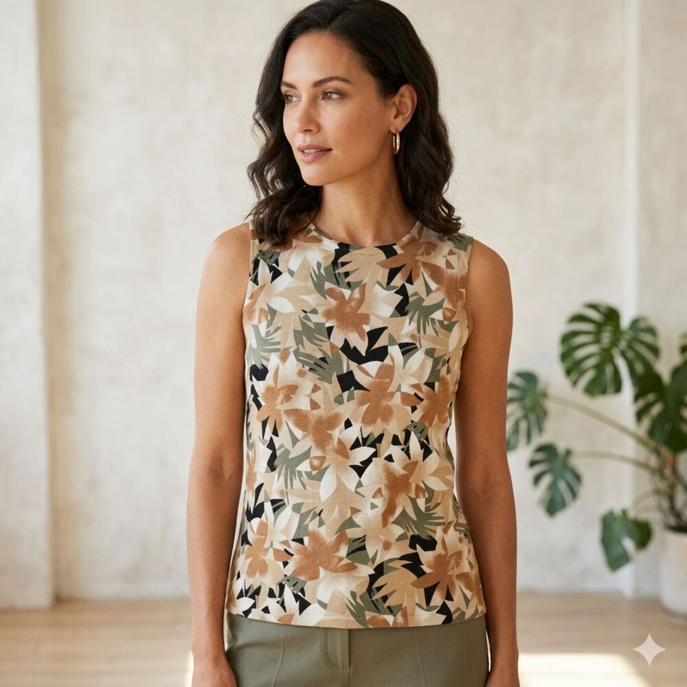 SML Design Vintage Floral Tank Top M Medium Brown Green Tropical Sleeveless